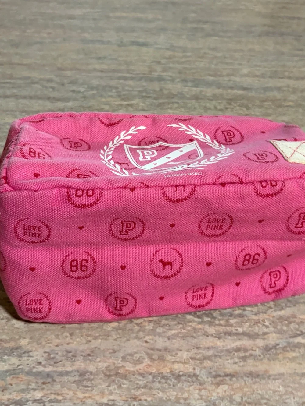 Pink Victoria’s Secret Vintage Pink and White Pouch with Crest and Dog Logo